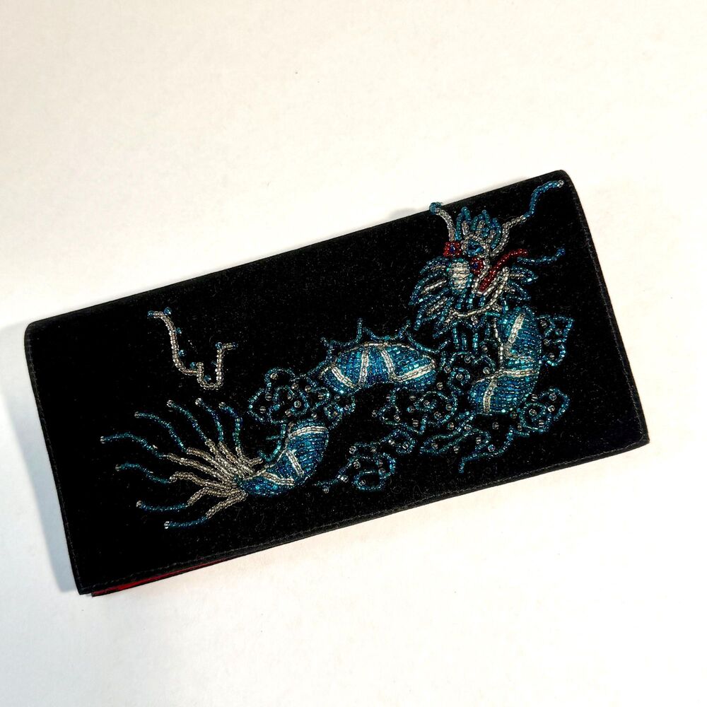 Vintage Black Velvet Beaded Dragon Tri-Fold Organizer Wallet